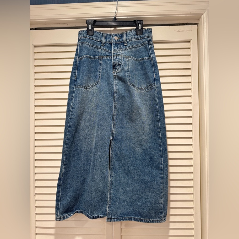 Cubic—Denim Maxi Skirt, UK 10/US 4-6, A-Line, Front Slit—Gorgeous Staple Piece